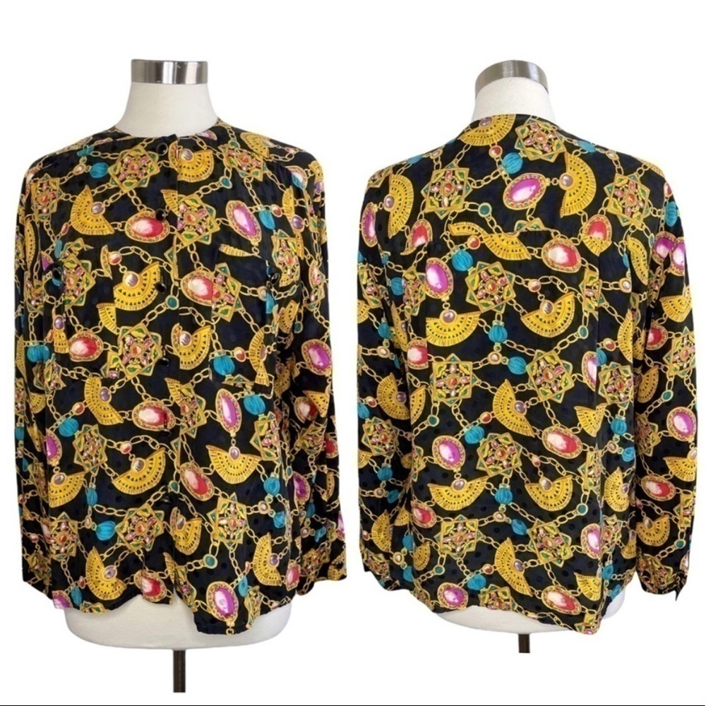 ADRIANNA PAPELL Vintage 100% Silk Chain Jewel Button Up Blouse size 8